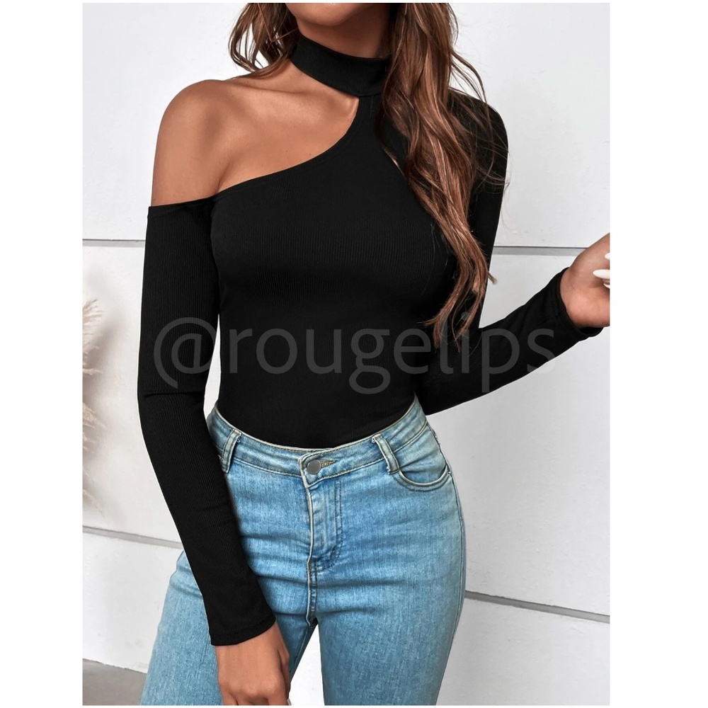 Black Off One Shoulder Asymmetrical Slim Fit Shirt Top Mock Neck - Picture 2 of 13